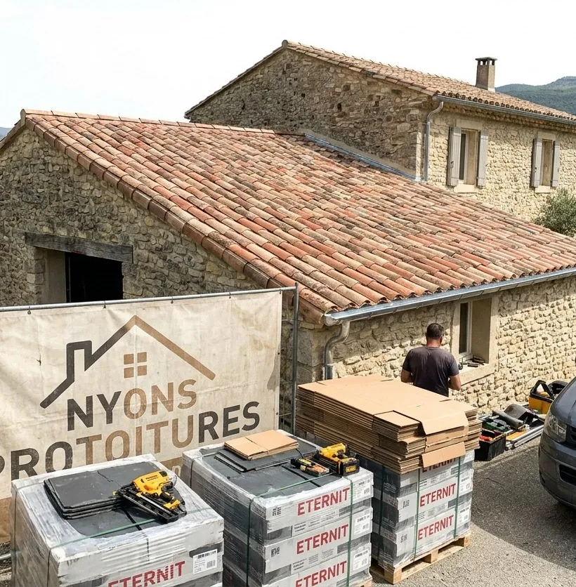 Bâche Nyons Protoitures devant une maison en pierre au toit de tuiles canal neuf, oliviers et montagnes des Baronnies en fond