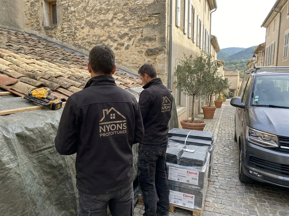 Deux couvreurs Nyons Protoitures préparent une reprise de toiture en tuiles canal dans une ruelle pavée de Nyons, palettes de matériaux livrées