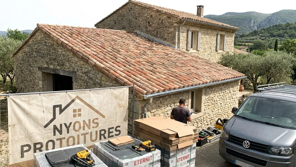 Couvreur à Nyons : toiture en tuiles canal refaite sur une maison en pierre entourée d'oliviers, bâche Nyons Protoitures devant le chantier