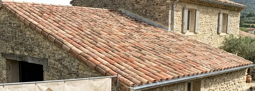 Rangs de tuiles canal posés sur une toiture rénovée près de Nyons, faîtage et rive terminés
